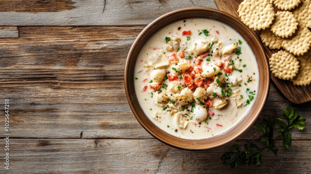 Classic Clam Chowder Served in a Bowl with Oyster Crackers Classic Clam Chowder Served in a Bowl with Oyster Crackers