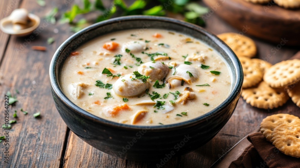 Classic Clam Chowder Served in a Bowl with Oyster Crackers Classic Clam Chowder Served in a Bowl with Oyster Crackers