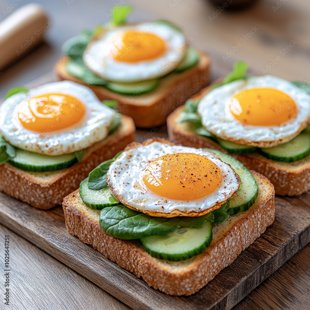 Delicious avocado toasts topped with fresh spinach, cucumber slices, and perfectly fried eggs, served on wooden board. healthy and vibrant breakfast option! Delicious avocado toasts topped with fresh spinach, cucumber slices, and perfectly fried eggs, served on wooden board. healthy and vibrant breakfast option!