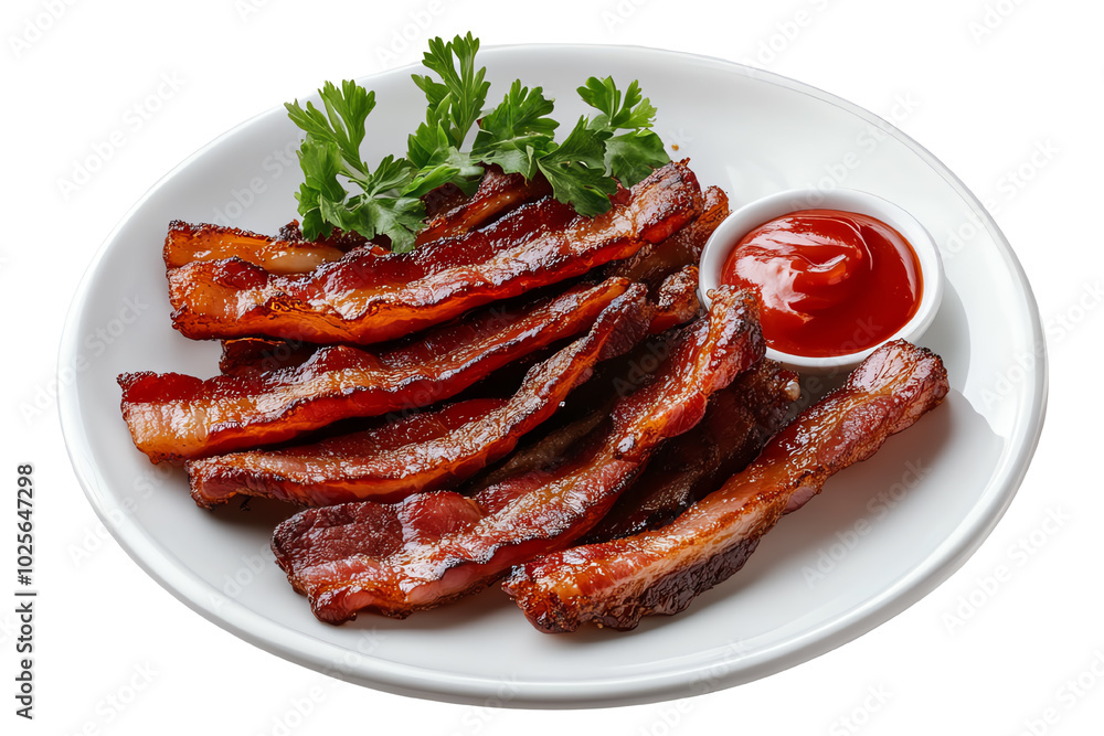 Crispy Bacon Delight: A plate of perfectly cooked, crispy bacon strips, glistening with a savory glaze, garnished with fresh parsley, and served with a dollop of ketchup. Crispy Bacon Delight: A plate of perfectly cooked, crispy bacon strips, glistening with a savory glaze, garnished with fresh parsley, and served with a dollop of ketchup.