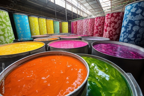 Textile dyeing vats with colorful fabrics, with copy space photo