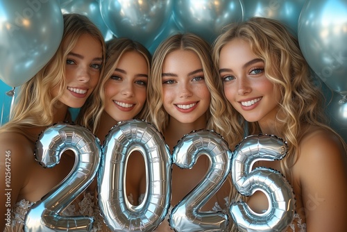 A group of beautiful women celebrating New Year. Happy gorgeous female in stylish sexy party dresses holding silver 2025 balloons, having fun at New Year's Eve Party. holiday celebration.  photo