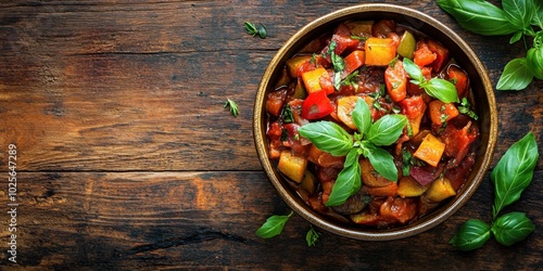 Classic French Ratatouille Served in a Bowl with Fresh Herbs on a Rustic Table photo