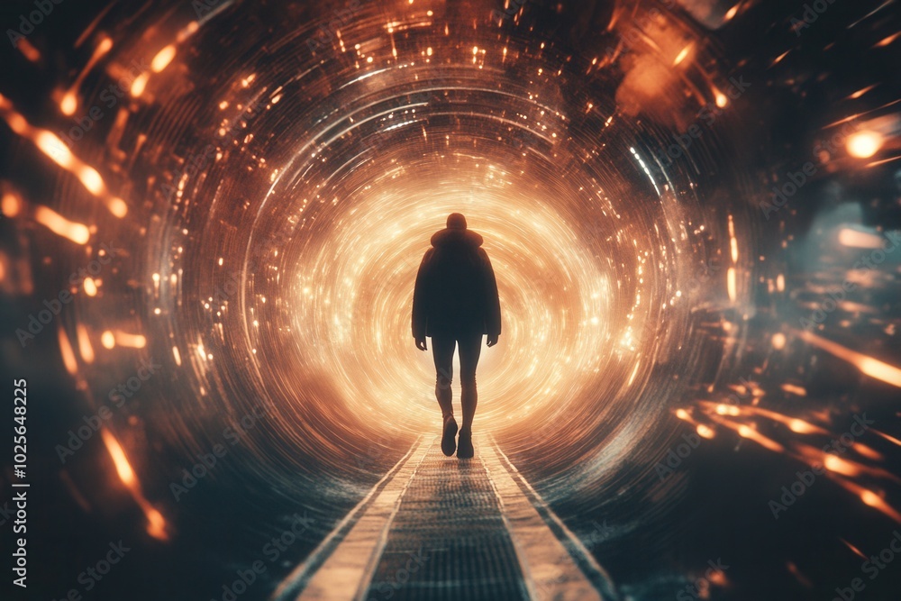 Time traveler stepping through glowing portal, with copy space Time traveler stepping through glowing portal, with copy space