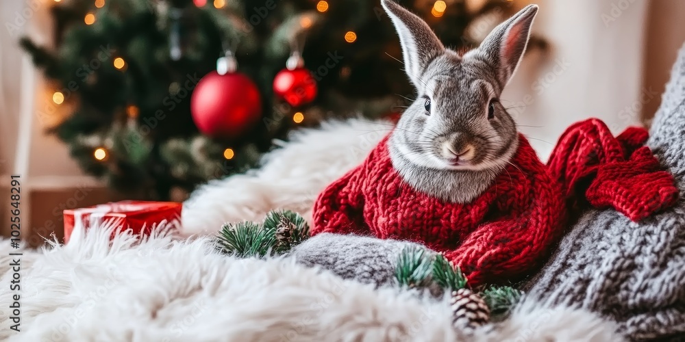 Obraz premium クリスマスツリーの前で赤いセーターを着たウサギがくつろいでいる様子
