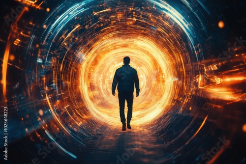 Time traveler stepping through glowing portal, with copy space