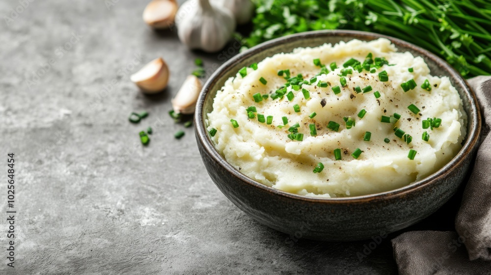 Creamy Garlic Mashed Potatoes Served in a Bowl with Chives on Top on a Rustic Table Creamy Garlic Mashed Potatoes Served in a Bowl with Chives on Top on a Rustic Table