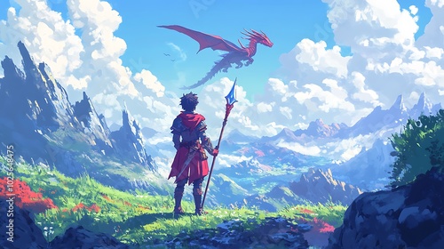 16-bit RPG character in a fantasy landscape, holding a magical staff, wearing pixelated armor, with a dragon flying in the background and classic RPG interface elements at the edges 