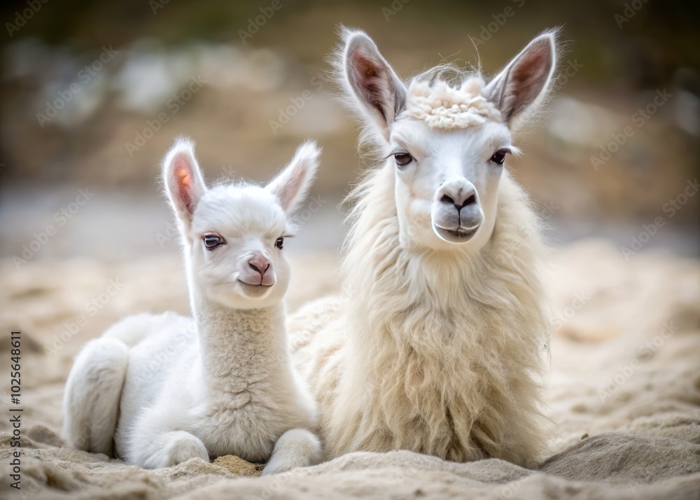 Adorable Baby White Llama and Alpaca Lying in Sand - Cute Animal Photography Adorable Baby White Llama and Alpaca Lying in Sand - Cute Animal Photography