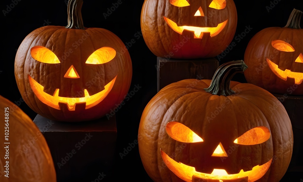 Jack O’ Lanterns, Carved Halloween Pumpkin on black background Jack O’ Lanterns, Carved Halloween Pumpkin on black background