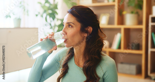 Canvas Print Home, woman and drinking water for health after yoga, practice and mindfulness session for wellness
