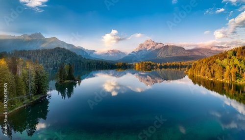 The forest and the lake harmonize in perfect balance.