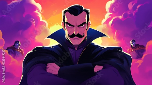 Old-school cartoon villain with exaggerated features, twirling a mustache, wearing a dark cloak, standing in front of a bright backdrop with clouds, and a classic cartoon hero facing him 