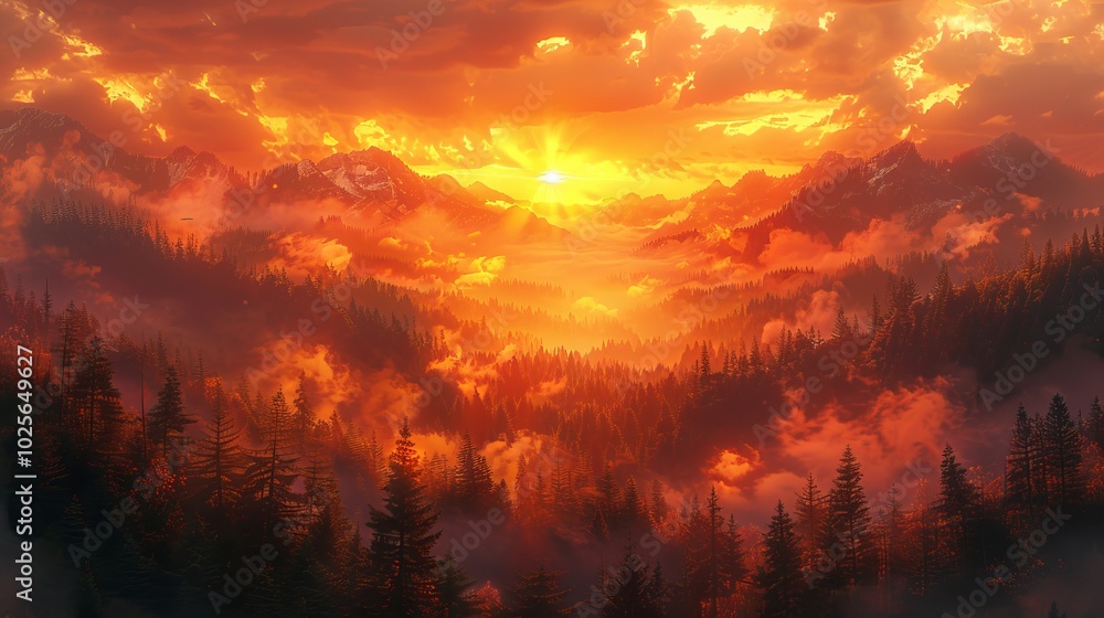 Fototapeta premium Breathtaking Sunrise Illuminates Expansive Woodlands
