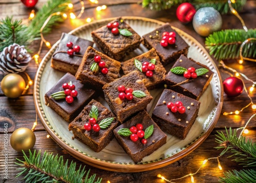 Aerial View of Delicious Xmas Brownies Decorated with Festive Toppings and Holiday Colors