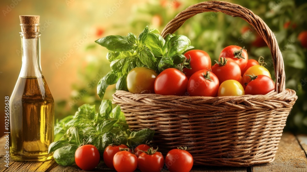 Fresh Vegetables and Herbs in a Rustic Basket Fresh Vegetables and Herbs in a Rustic Basket