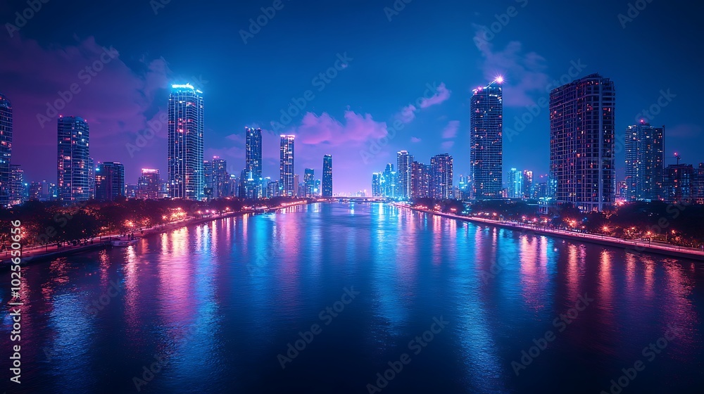 A modern city skyline with colorful lights reflected in a river at night. A modern city skyline with colorful lights reflected in a river at night.