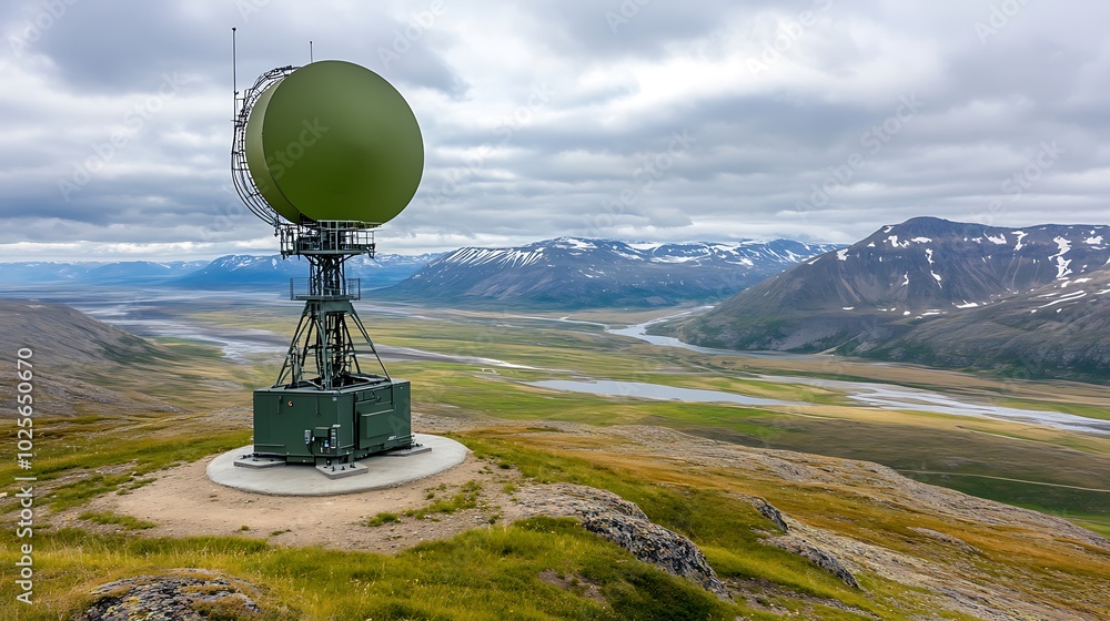 Radar Tower Near a Distant Glacier: A radar installation in an arctic landscape, monitoring glacier movements for potential signs of collapse or floods. Radar Tower Near a Distant Glacier: A radar installation in an arctic landscape, monitoring glacier movements for potential signs of collapse or floods.