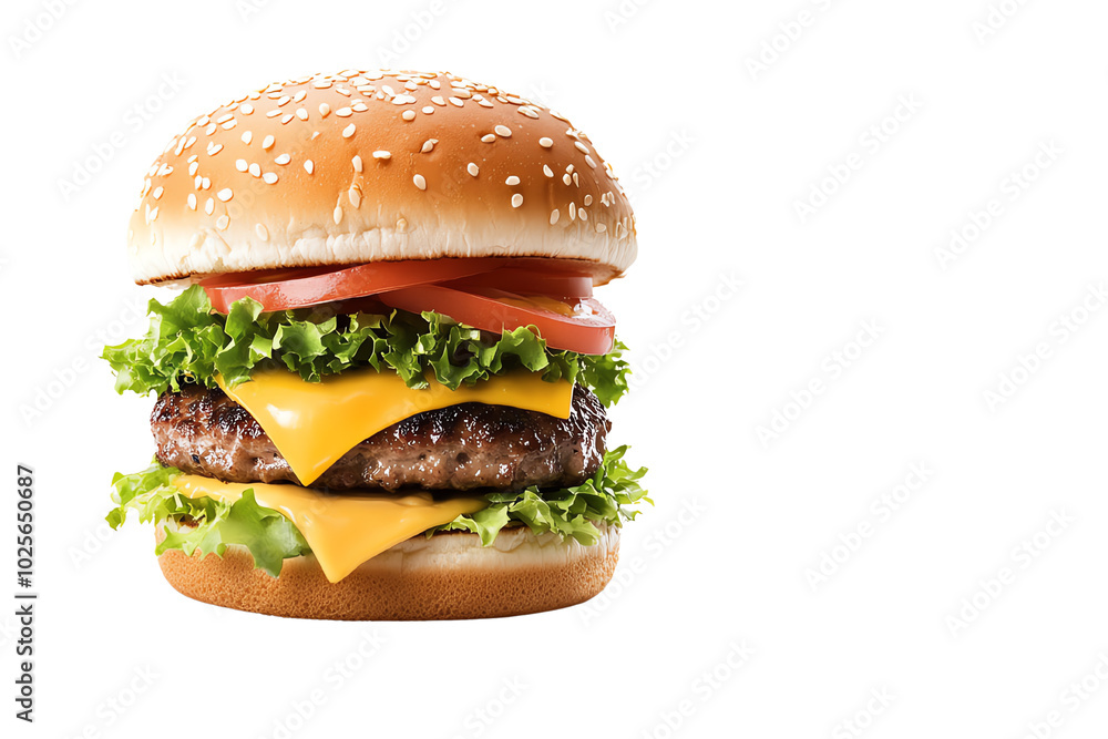 Double Cheeseburger Delight: A juicy double cheeseburger, stacked high with fresh lettuce, ripe tomato, and melted cheese, all nestled between a golden sesame seed bun. Double Cheeseburger Delight: A juicy double cheeseburger, stacked high with fresh lettuce, ripe tomato, and melted cheese, all nestled between a golden sesame seed bun.