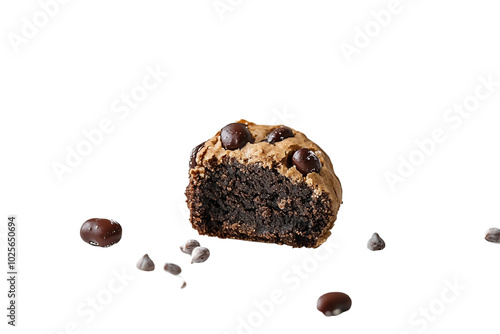 Double Chocolate Brownie Bite: Indulge in the rich, decadent texture of a halved double chocolate brownie, scattered with chocolate chips and cocoa beans. A delightful treat for chocolate lovers. photo