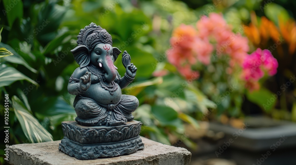 A statue of ganesh is sitting on a stone pedestal A statue of ganesh is sitting on a stone pedestal