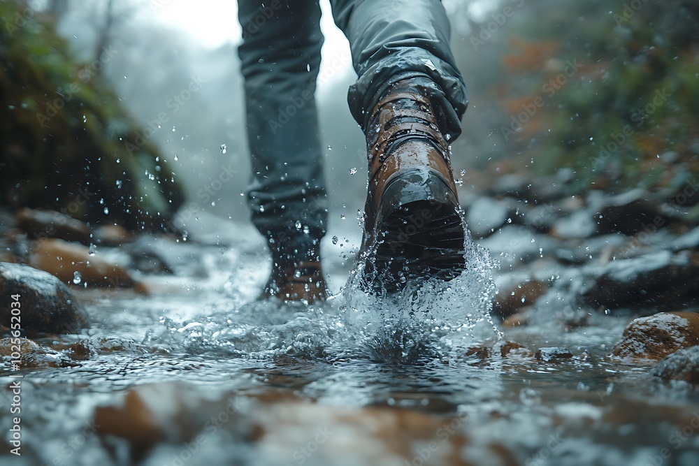 Closeup of hiker's boots crossing a stream in the forest. Closeup of hiker's boots crossing a stream in the forest.