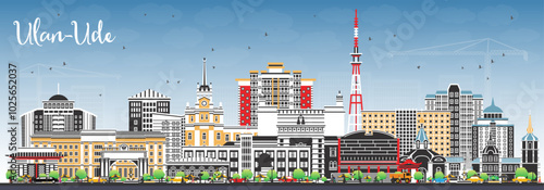 Ulan-Ude Russia city skyline with color buildings and blue sky. Ulan-Ude cityscape with landmarks. Business travel and tourism concept with modern and historic architecture.
