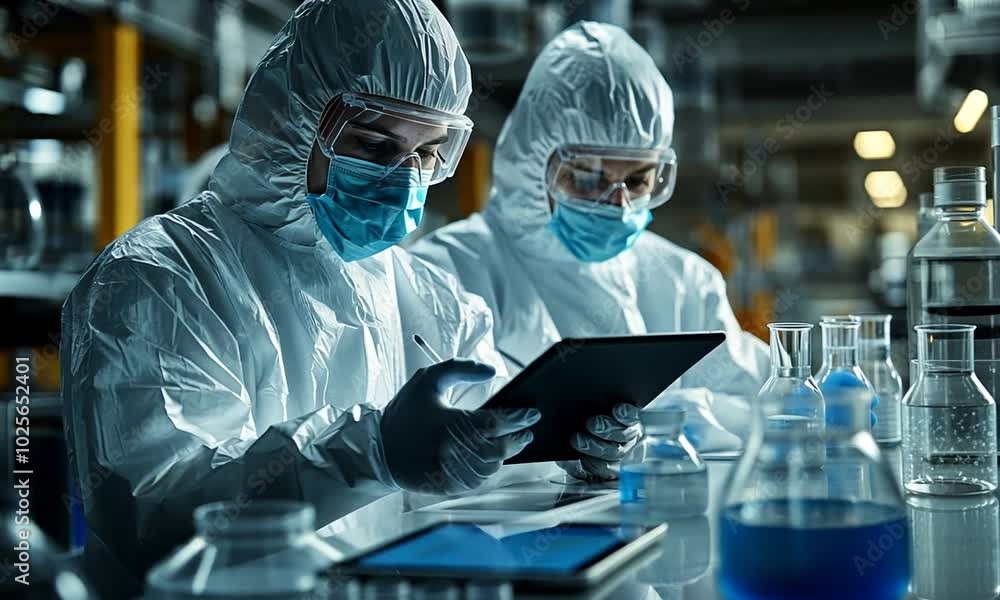 Scientists in protective gear working with technology in a lab setting. Scientists in protective gear working with technology in a lab setting.