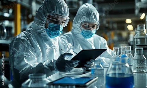 Scientists in protective gear working with technology in a lab setting.