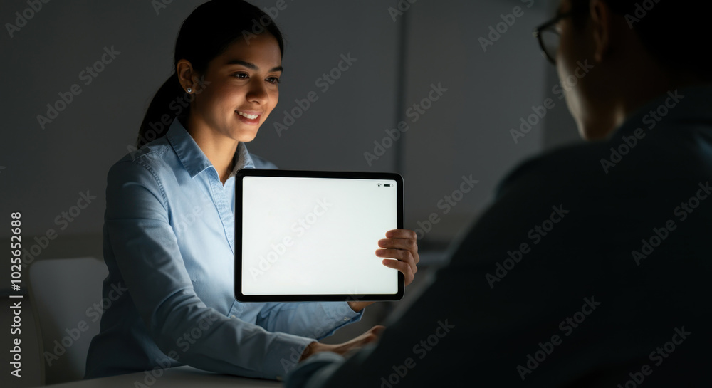 Woman in professional setting showing tablet to colleague