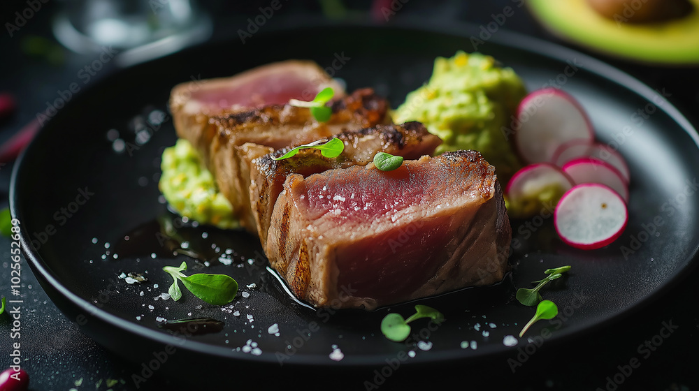 Pan-seared tuna steak on a modern black plate with a side of mashed avocado and radishes Pan-seared tuna steak on a modern black plate with a side of mashed avocado and radishes