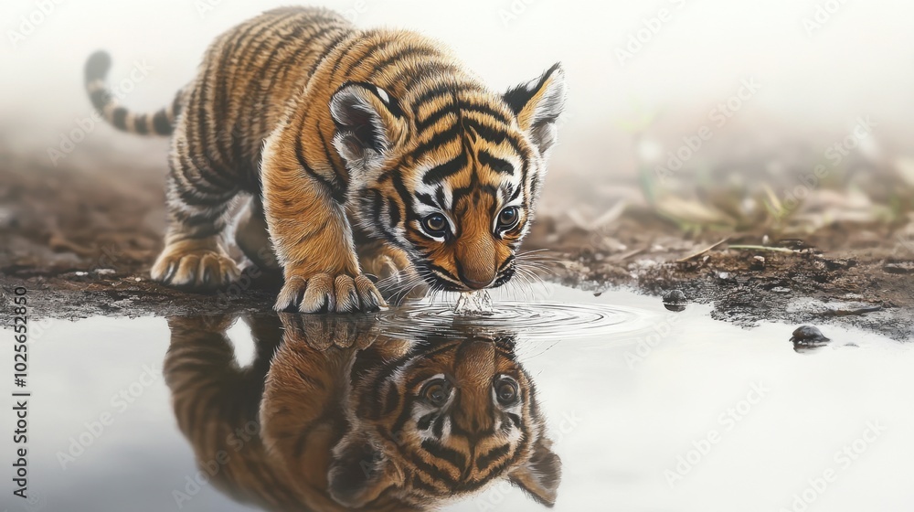 Obraz premium Adorable Tiger Cub Drinking Water by a Pond