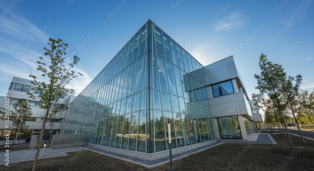 Modern glass office building with trees and clear sky Modern glass office building with trees and clear sky
