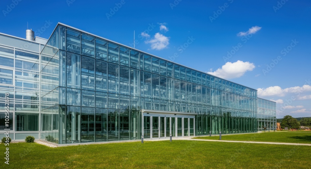 Modern glass building with green lawn under clear blue sky Modern glass building with green lawn under clear blue sky