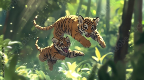 Playful Tigers in Lush Green Jungle Environment
