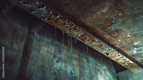 Wallpaper Mural Water droplets falling from a rusted metal beam in an industrial setting, showcasing decay and moisture accumulation Torontodigital.ca