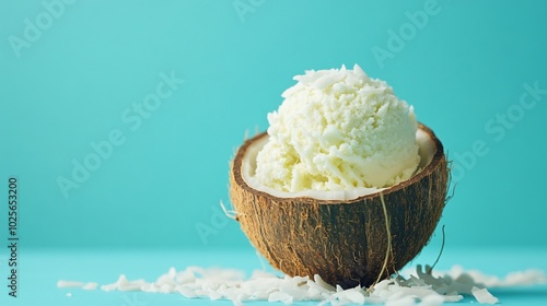 Cottage cheese ice cream in a coconut shell, isolated on a turquoise background with shredded coconut for a tropical feel