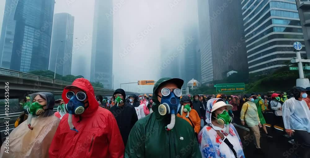 In a foggy, rain-soaked megacity, crowds wearing various oxygen and anti-poison masks navigate the highway amidst towering skyscrapers, highlighting a dire social issue of depleting oxygen levels In a foggy, rain-soaked megacity, crowds wearing various oxygen and anti-poison masks navigate the highway amidst towering skyscrapers, highlighting a dire social issue of depleting oxygen levels