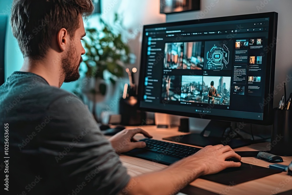 A Man Working on a Computer with Multiple Images Displayed on the Screen A Man Working on a Computer with Multiple Images Displayed on the Screen