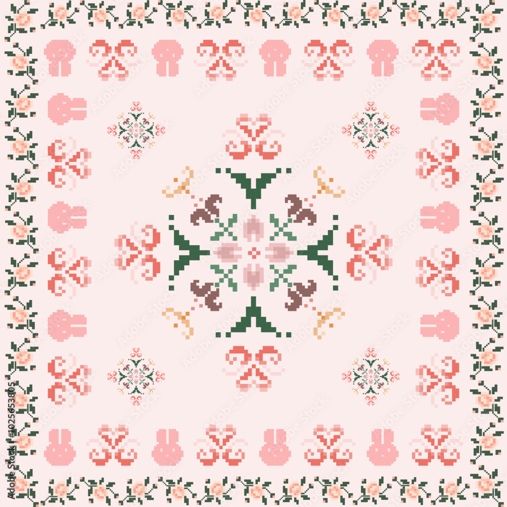 Pixel art cross stitch abstract geometric oriental sweet garden seamless pattern. Perfect geometry decorative design for fabric, clothing, embroidery, ornament, wallpaper, background, ceramic, mosaic Pixel art cross stitch abstract geometric oriental sweet garden seamless pattern. Perfect geometry decorative design for fabric, clothing, embroidery, ornament, wallpaper, background, ceramic, mosaic