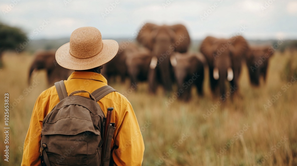 A person in a yellow jacket and hat observes a herd of elephants in a grassy landscape, capturing the essence of wildlife exploration. A person in a yellow jacket and hat observes a herd of elephants in a grassy landscape, capturing the essence of wildlife exploration.