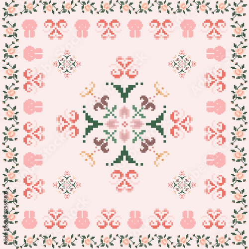 Pixel art cross stitch abstract geometric oriental sweet garden seamless pattern. Perfect geometry decorative design for fabric, clothing, embroidery, ornament, wallpaper, background, ceramic, mosaic