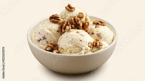 Cottage cheese ice cream with chopped walnuts and maple syrup, isolated on a light beige background with a hint of cinnamon