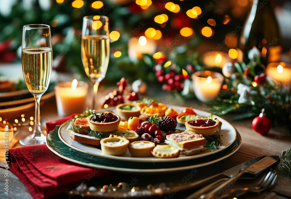 Christmas Toast with Champagne and Holiday Appetizers. Festive Celebration with Champagne and Christmas Snacks. Elegant Holiday Table with Champagne and Festive Snacks Christmas Toast with Champagne and Holiday Appetizers. Festive Celebration with Champagne and Christmas Snacks. Elegant Holiday Table with Champagne and Festive Snacks