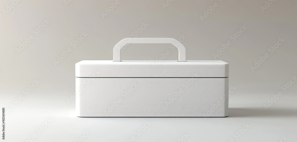 Render a 3D model of a white box with a handle for portability, displayed closed.