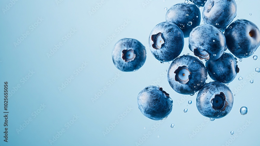 Fresh blueberries splashing against a light blue background, evoking a refreshing and vibrant feel. Fresh blueberries splashing against a light blue background, evoking a refreshing and vibrant feel.