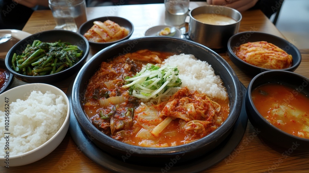 Korean Cuisine Spread with Rice and Side Dishes Korean Cuisine Spread with Rice and Side Dishes