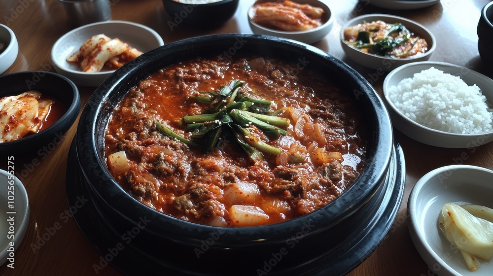 Delicious Korean Stew with Sides and Rice Delicious Korean Stew with Sides and Rice