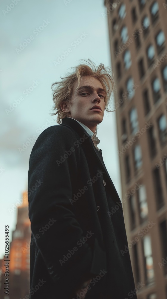 A man in a black coat stands in front of a building A man in a black coat stands in front of a building