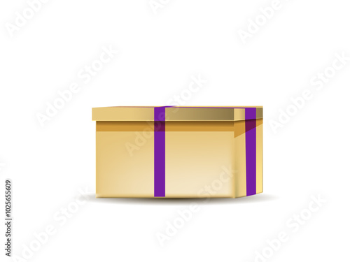 Vector Realistic Golden Gift Box with Purple Ribbon and Bow. Digital Illustration for Holiday Design.